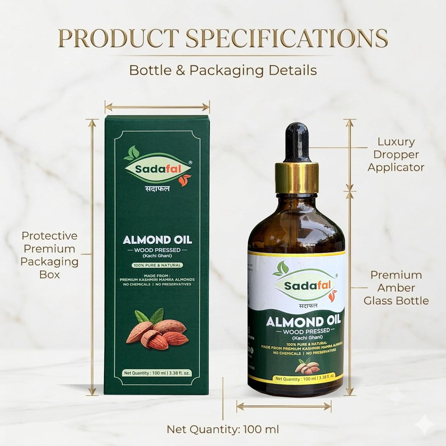 Sadafal Kashmiri Mamra Almond Oil | 100% Pure Wood Pressed (Kachi Ghani) | For Hair, Skin & Face | 100ml