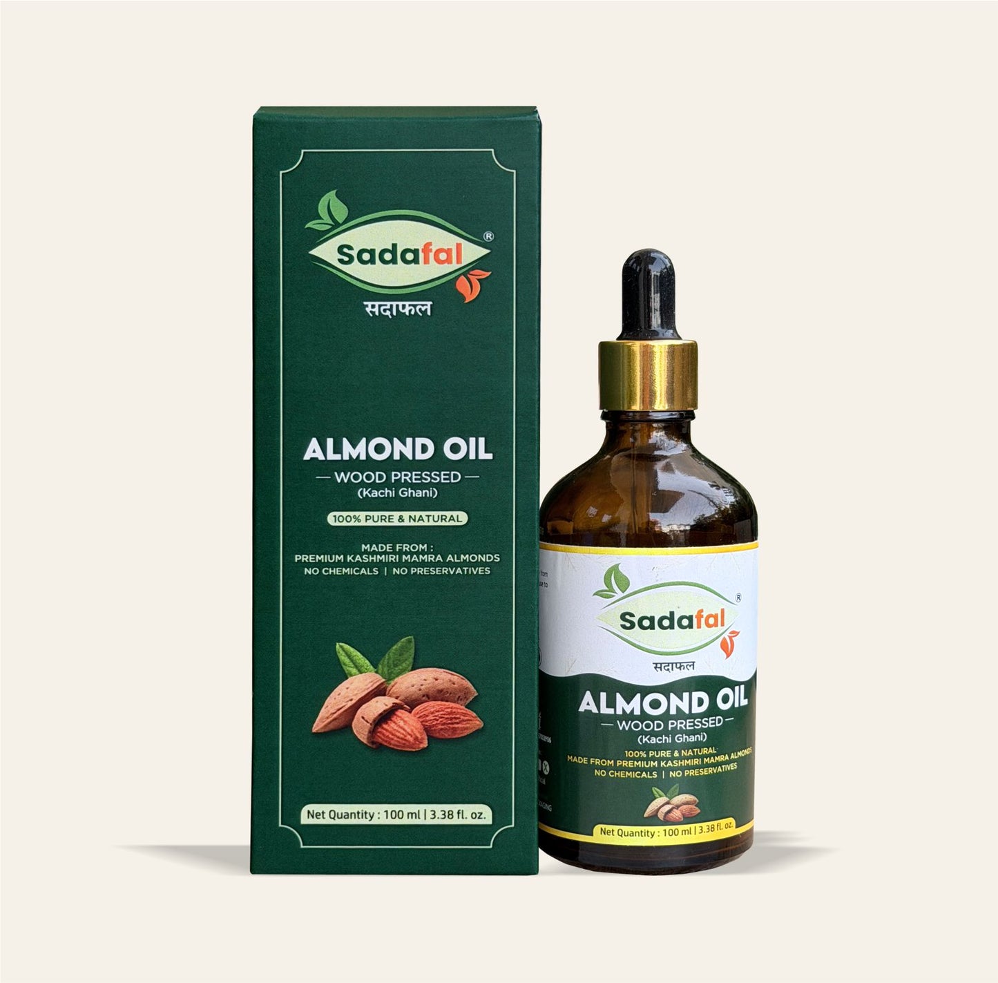 Sadafal Kashmiri Mamra Almond Oil amber glass bottle with dropper, 100ml, front view