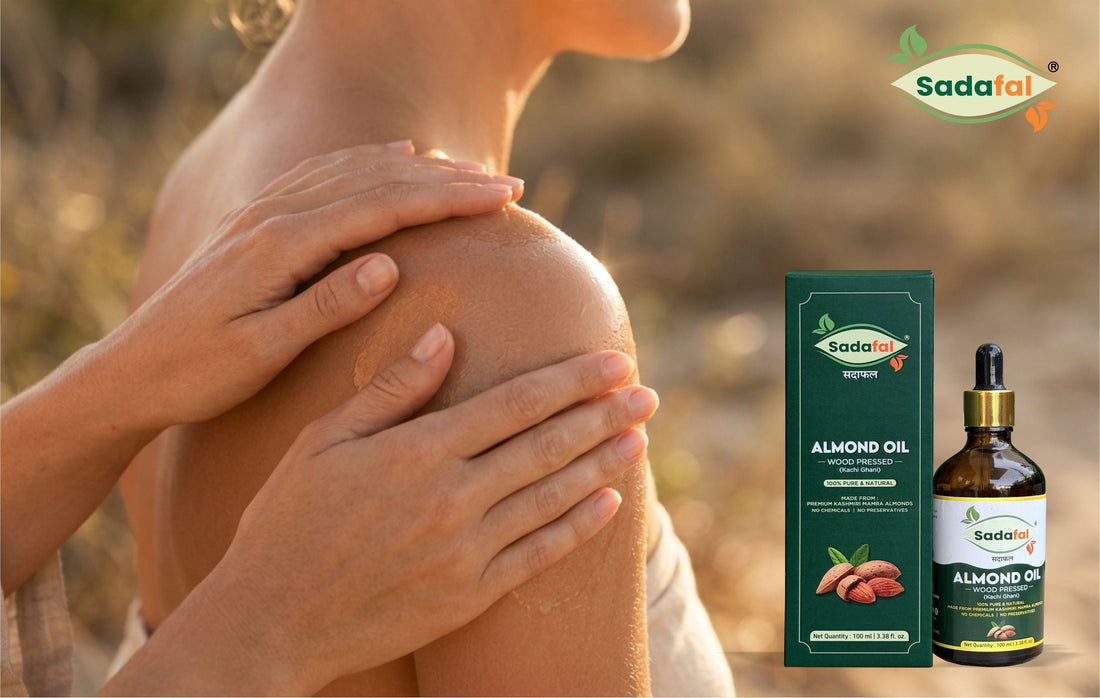 Sadafal Almond Oil for Skin bottle with a discussion of natural sun protection
