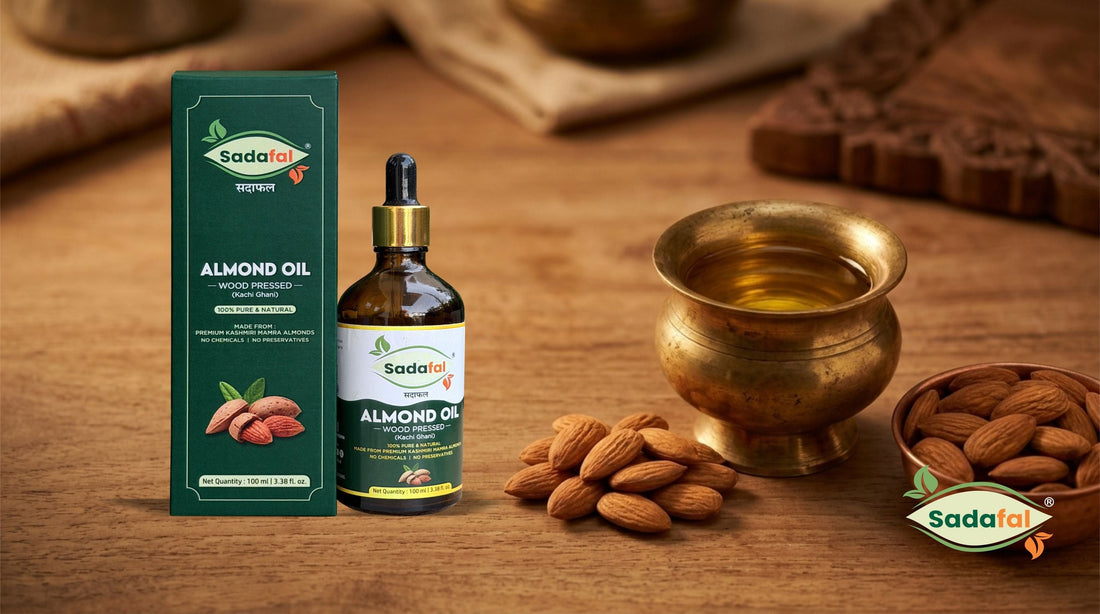 Sadafal Pure Almond Oil bottle representing genuine badam tel