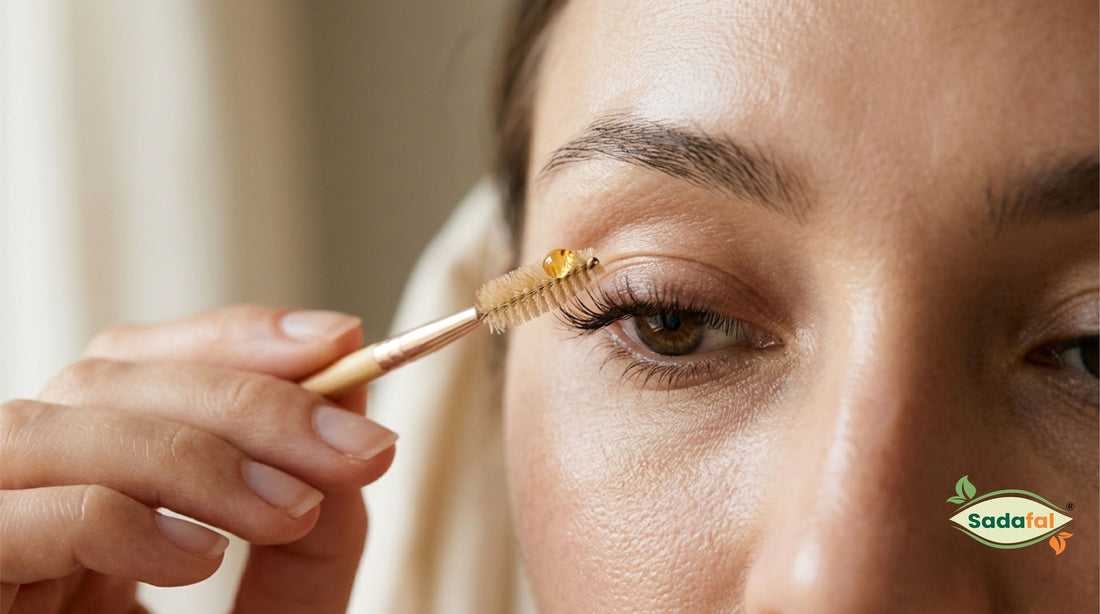 Sadafal Almond Oil applied to eyelashes and eyebrows