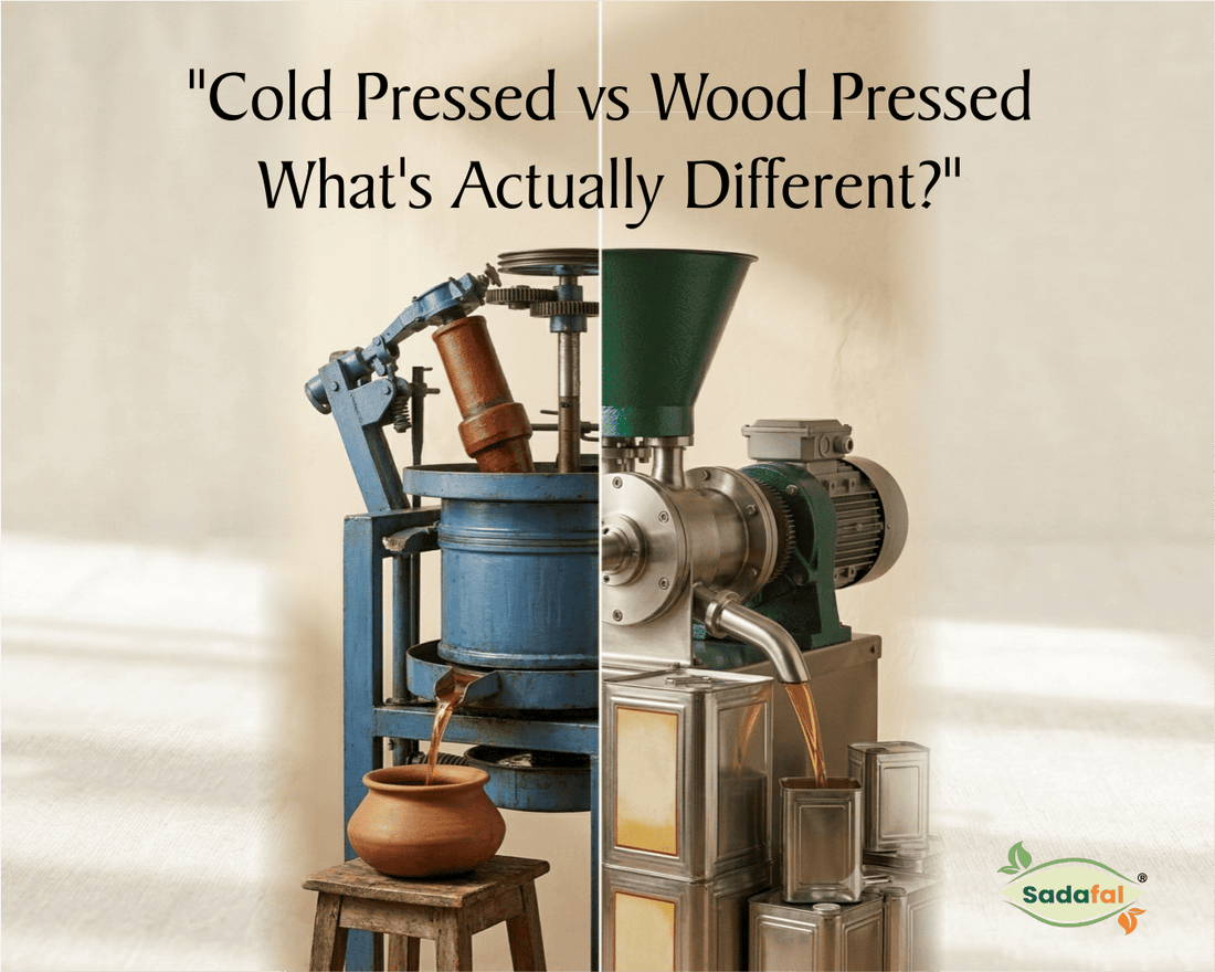 Sadafal Cold Pressed Almond Oil showing the cold pressed extraction process