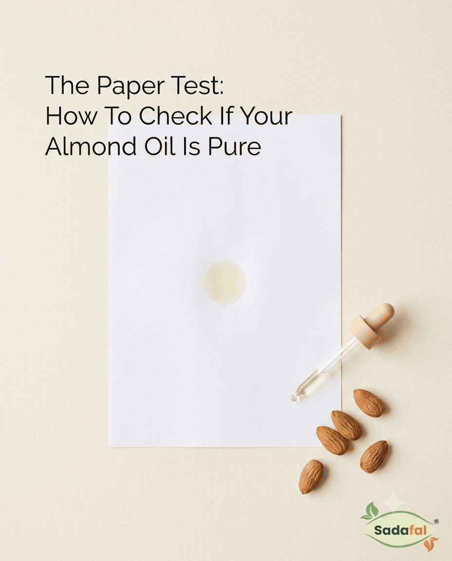 Sadafal Pure Almond Oil bottle shown next to signs of adulterated almond oil