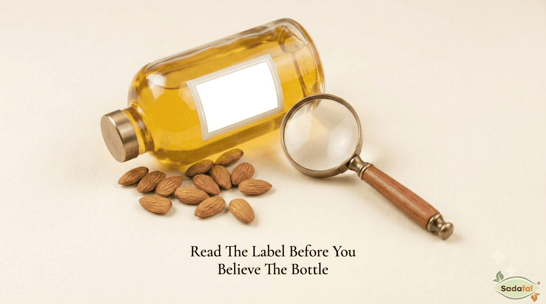 Sadafal Almond Oil label showing how to read an almond oil label