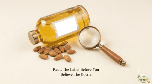 Sadafal Almond Oil label showing how to read an almond oil label