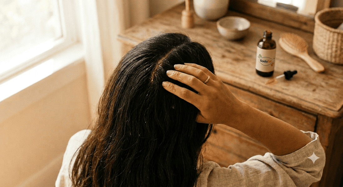Sadafal Almond Oil for Hair being applied for hair growth