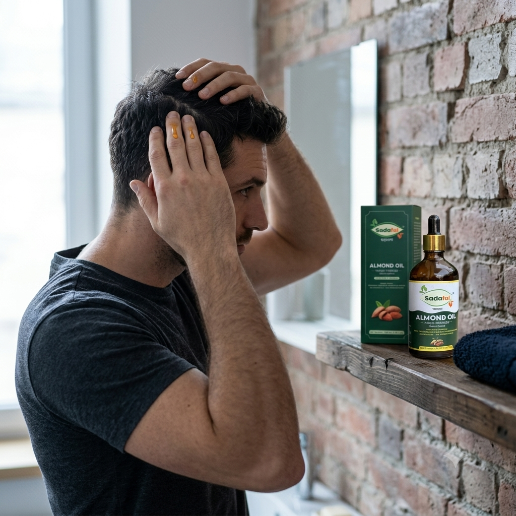 Sadafal Almond Oil for Hair being used by a man for hair fall and dry scalp