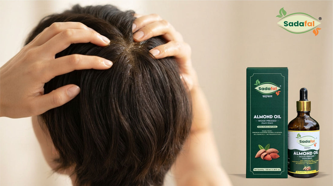 Sadafal Almond Oil for Hair applied for dandruff and a dry, itchy scalp