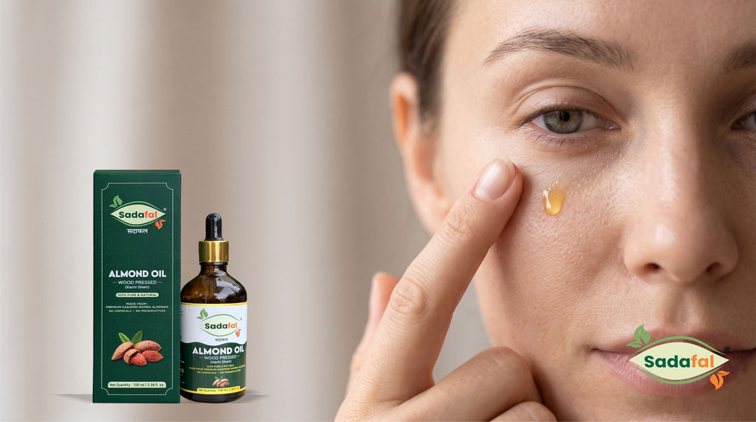 Sadafal Almond Oil for Face applied under the eyes for dark circles