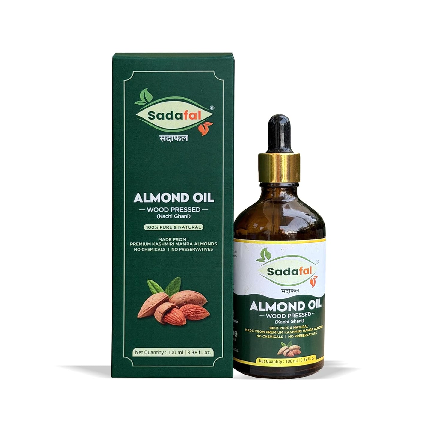 Sadafal Kashmiri Mamra Almond Oil | 100% Pure Wood Pressed (Kachi Ghani) | For Hair, Skin & Face | 100ml