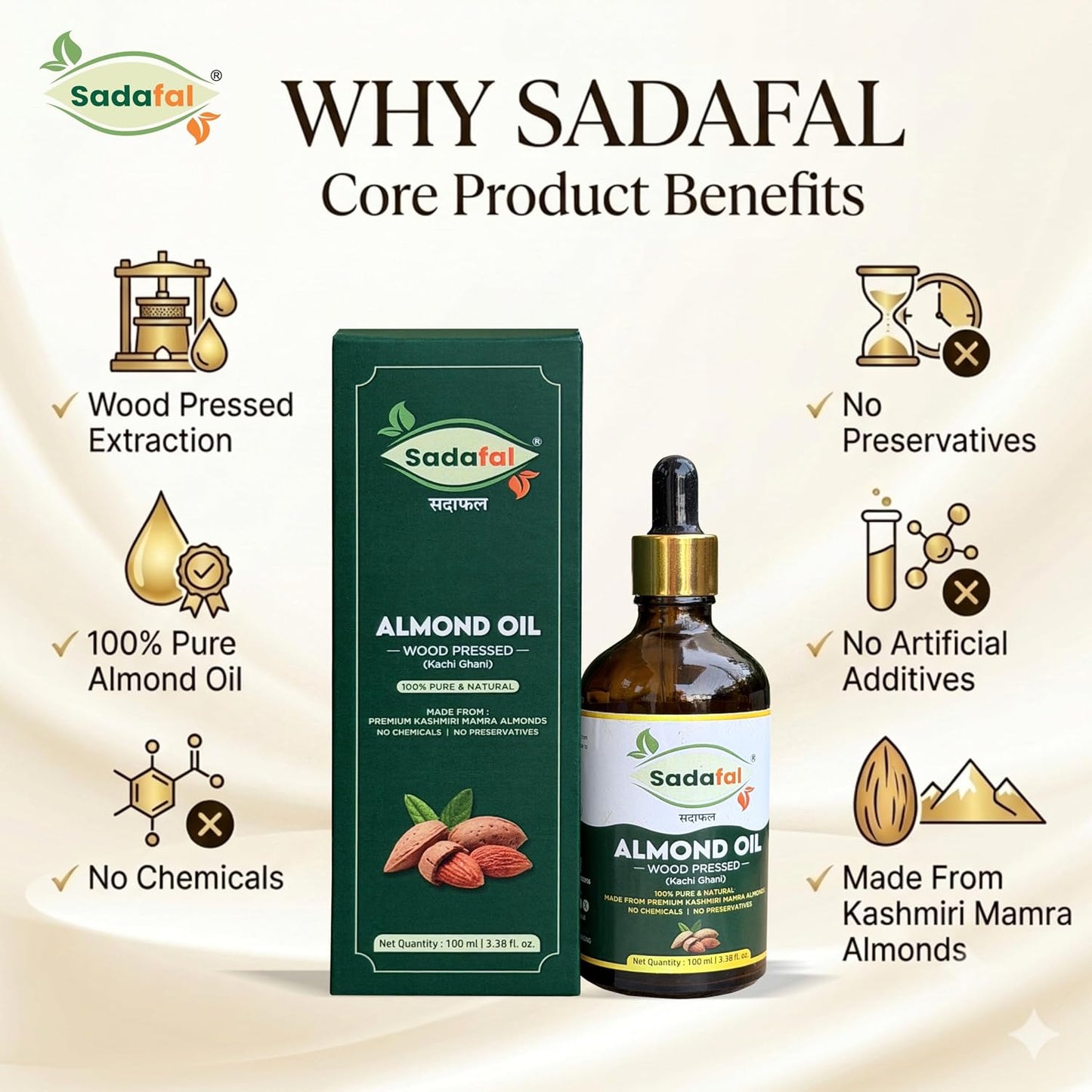 Sadafal Kashmiri Mamra Almond Oil | 100% Pure Wood Pressed (Kachi Ghani) | For Hair, Skin & Face | 100ml
