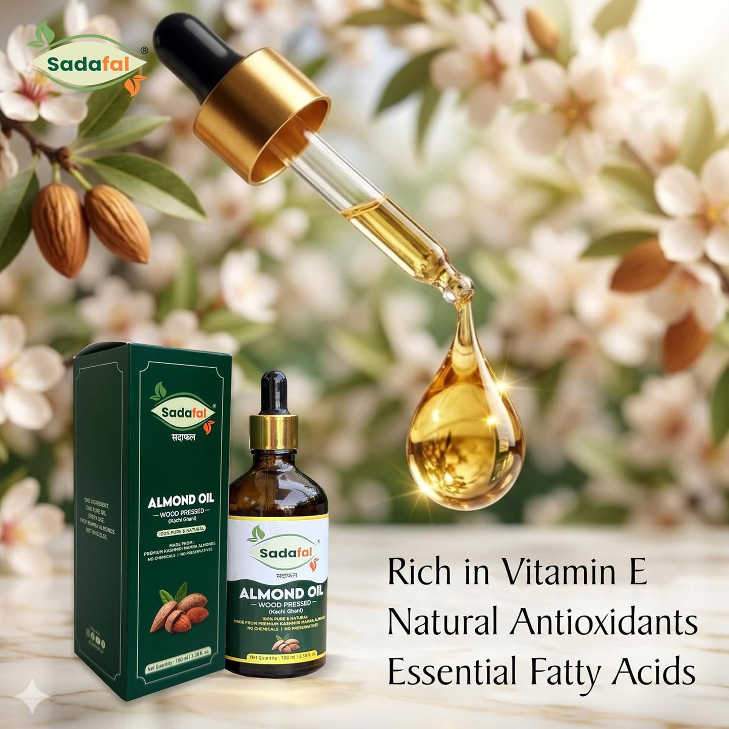 Sadafal Kashmiri Mamra Almond Oil | 100% Pure Wood Pressed (Kachi Ghani) | For Hair, Skin & Face | 100ml