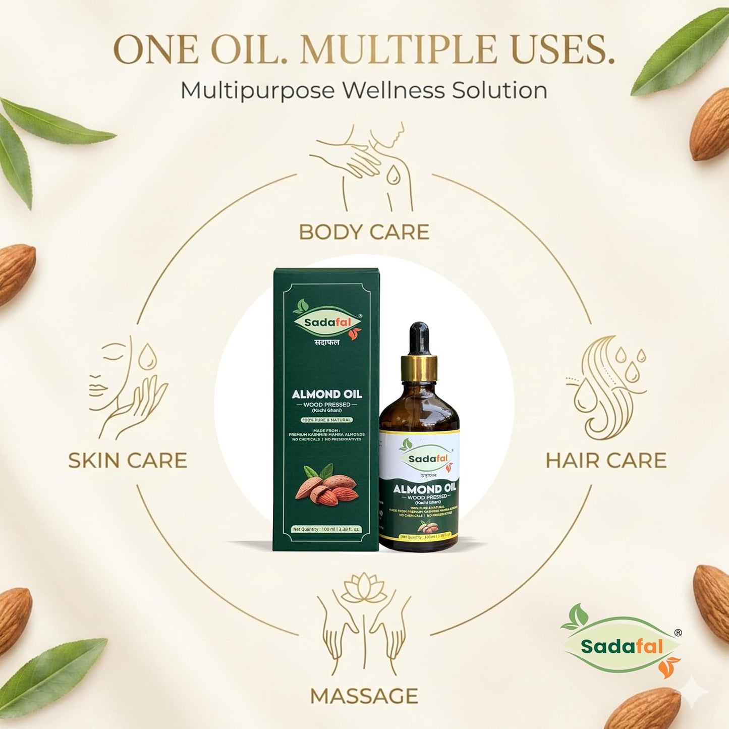 Sadafal Kashmiri Mamra Almond Oil | 100% Pure Wood Pressed (Kachi Ghani) | For Hair, Skin & Face | 100ml