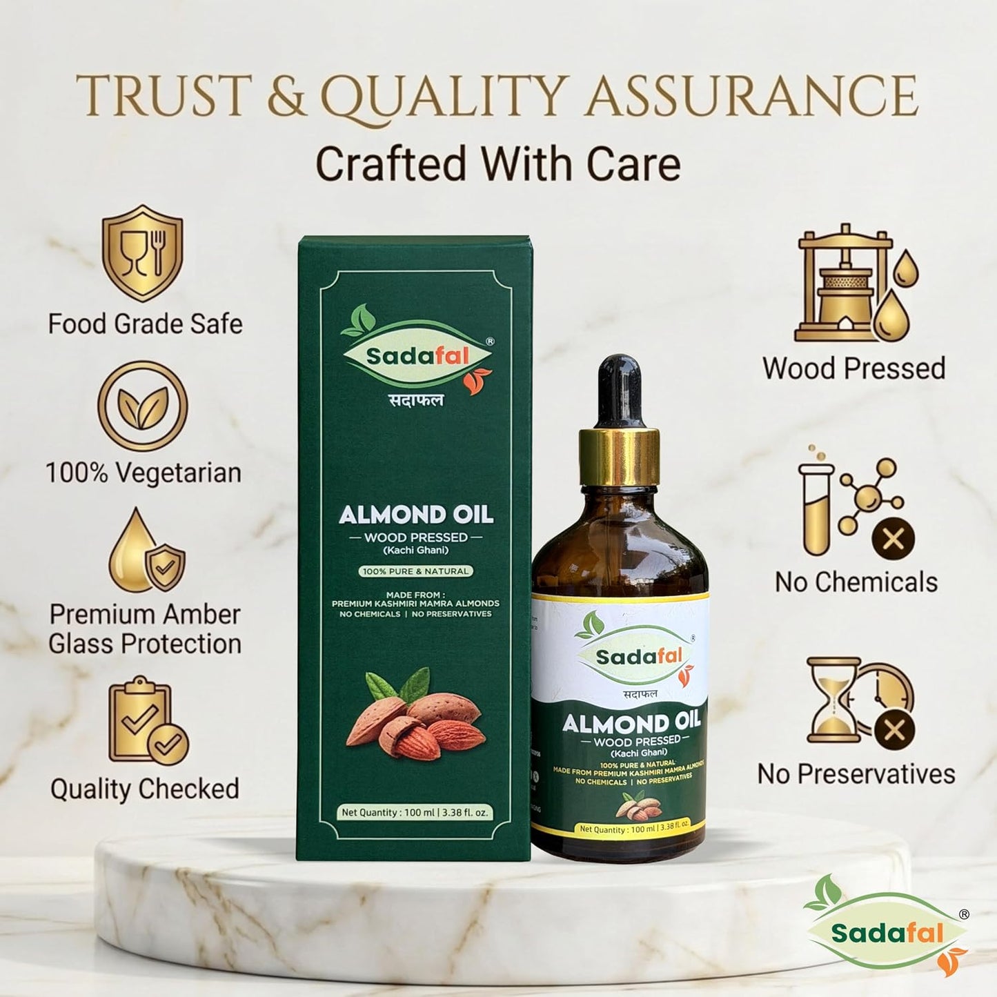 Sadafal Kashmiri Mamra Almond Oil | 100% Pure Wood Pressed (Kachi Ghani) | For Hair, Skin & Face | 100ml