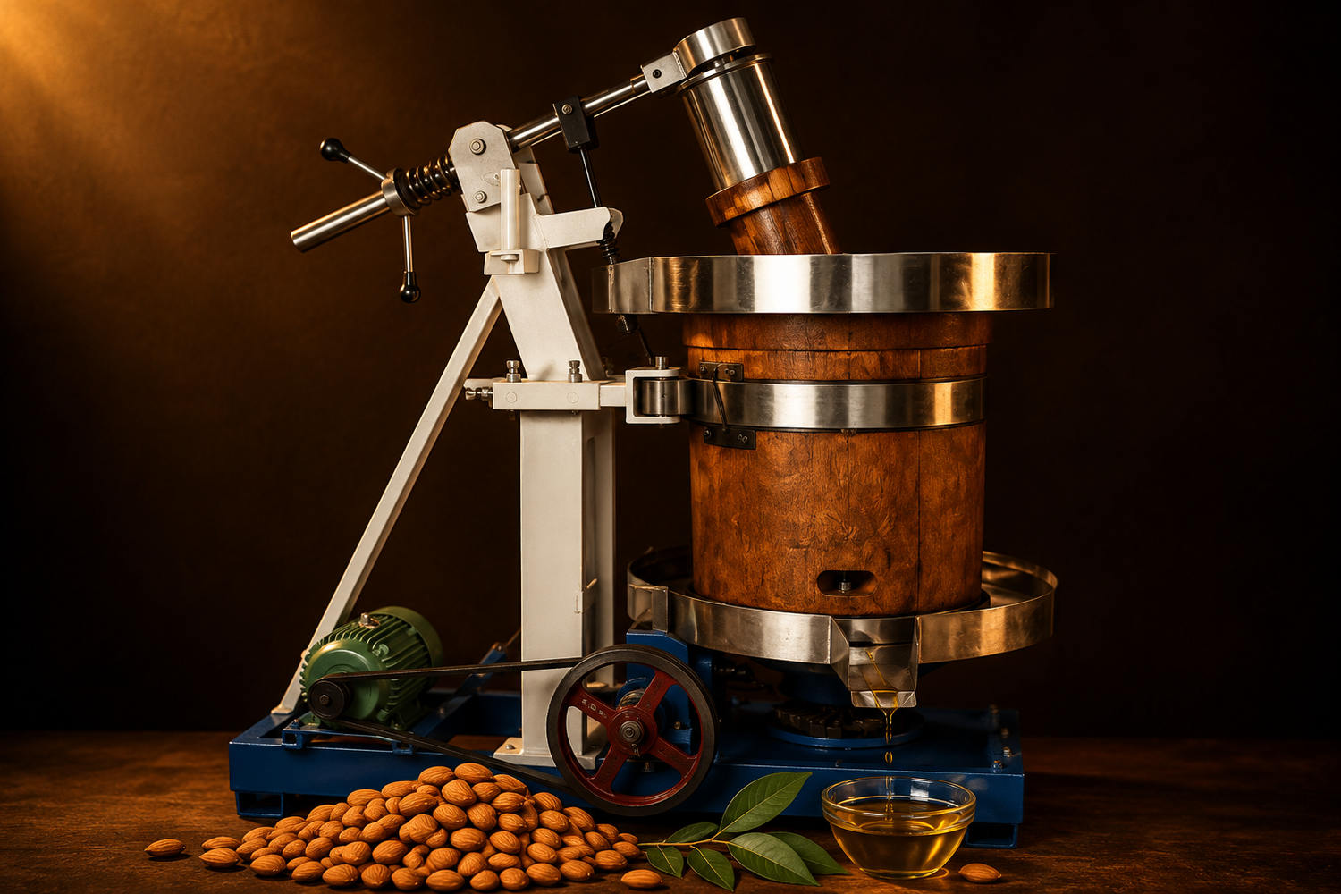 Traditional wooden Kachi Ghani press used to cold press Sadafal Kashmiri Mamra almond oil